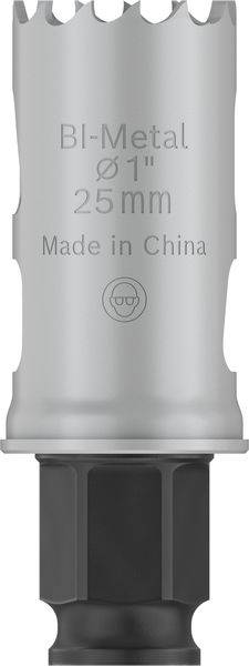 Metalen gatenzaag met opschrift 'Bi-Metal Ø1" 25 mm Made in China'. Geschikt voor nauwkeurig boren in verschillende materialen.
