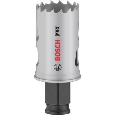 Een grijze gatenzaagopzetstuk met een zwarte basis, waarop 'BOSCH PRO' in het rood is gedrukt.