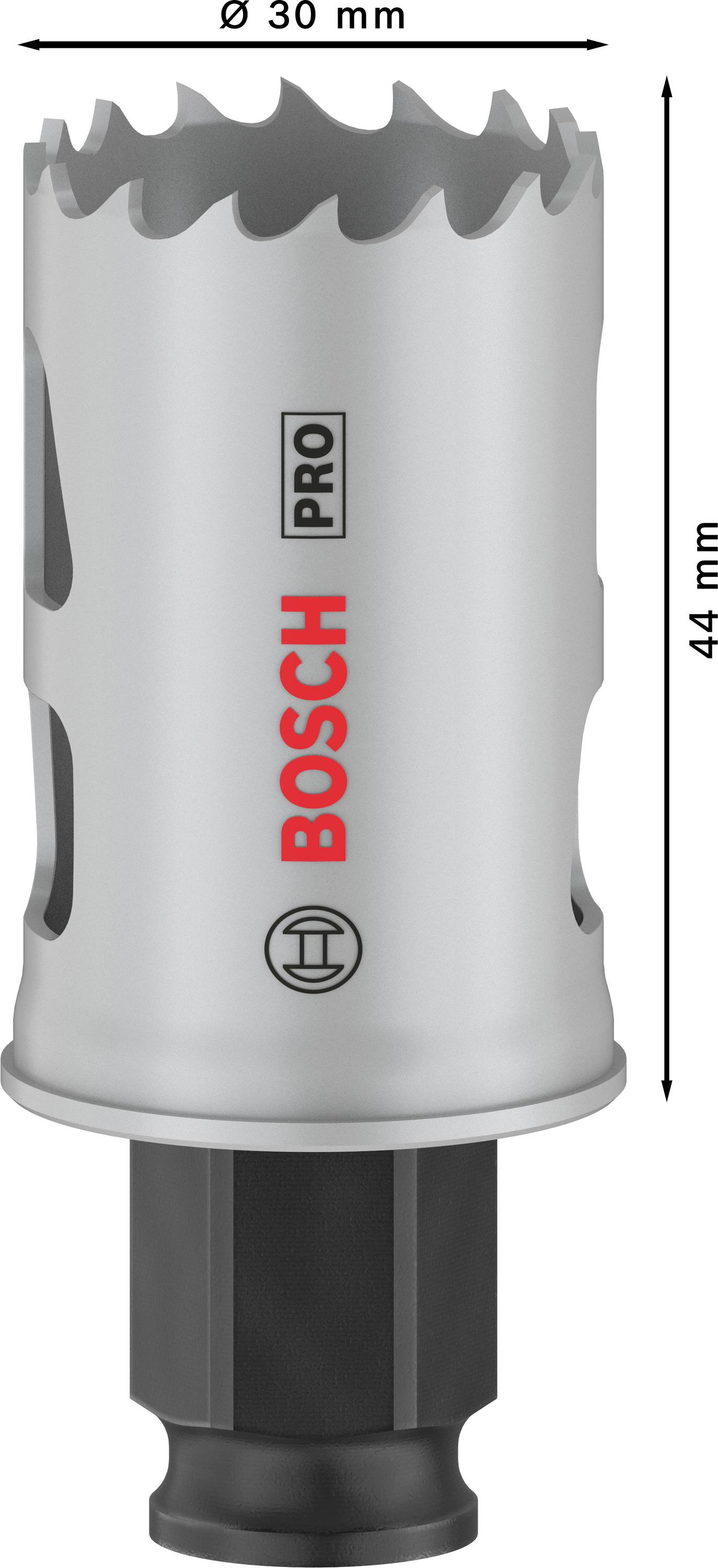 Metaalzaagkroon van Bosch, 30 mm diameter, 44 mm lengte, zilverkleurig met rode opdruk.