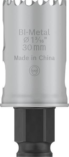 Een bi-metalen gatenzaag met een diameter van 30 mm, gefabriceerd in China, is beschikbaar. Hij heeft gezaagde tanden voor het snijden.