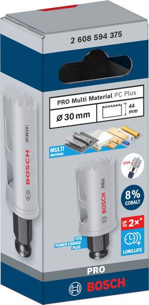 Verpakking voor Bosch gatenzaag, diameter 30 mm, 8% kobalt, geschikt voor meerdere materialen, met versterkte schacht voor een langere levensduur.