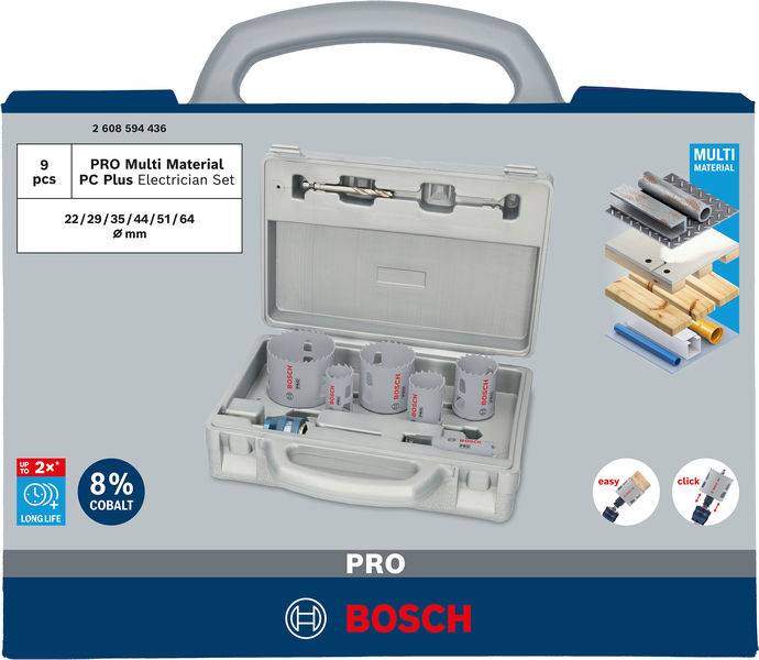 'Bosch PRO Multi Materiaal Set' bestaande uit 9 onderdelen voor elektriciens, geschikt voor verschillende materialen, inclusief kobaltcoating.