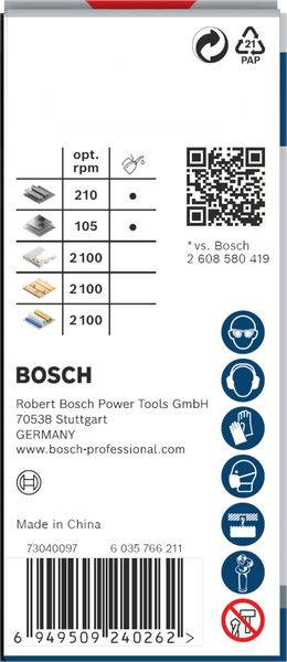 Bosch-zaagbladensverpakking met technische details, QR-code en symbolen voor toepassing en veiligheid. Geproduceerd in China.