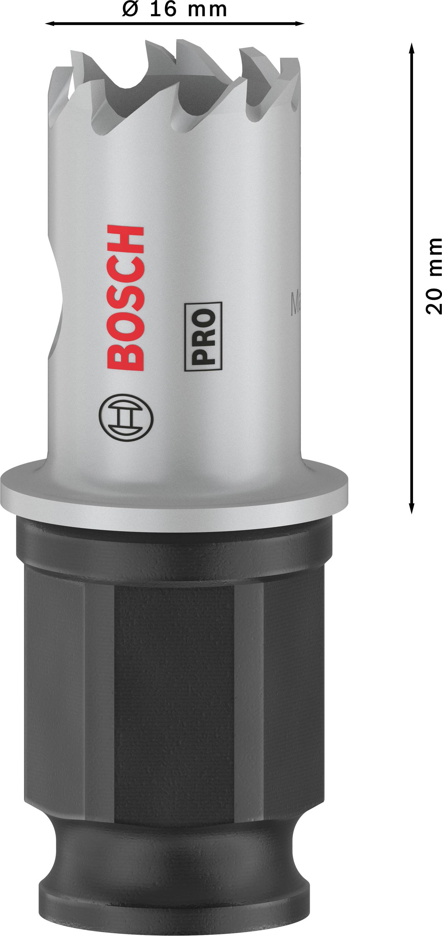 'Bosch Pro' gatenzaag, Ø 16 mm, lengte 20 mm, zilver met zwarte accenten.