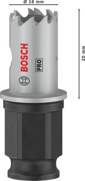 Bosch kernboor met 16 mm diameter en 20 mm snijdiepte. Bovenste deel is zilverkleurig, onderste deel zwart.