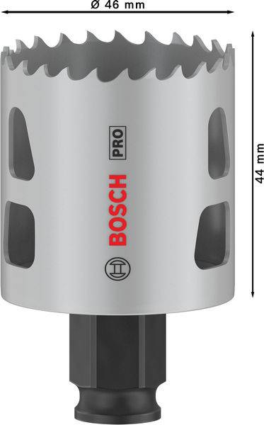 De afbeelding toont een grijze gatenzaagopzetstuk van het merk Bosch Pro met een diameter van 46 mm en een hoogte van 44 mm.