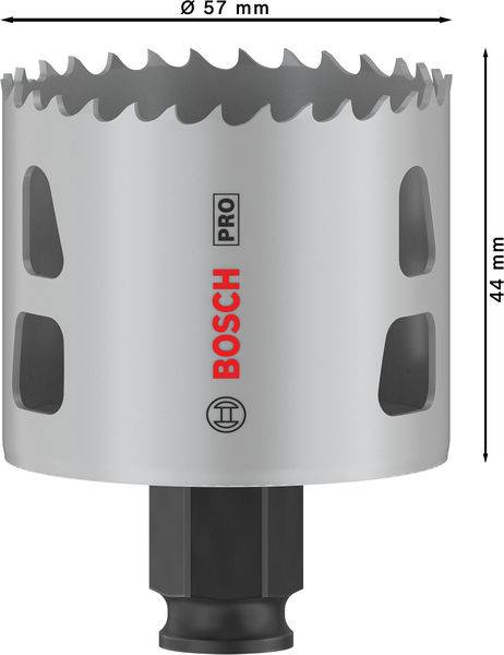 Boorkroon van Bosch met een diameter van 57 mm en een hoogte van 44 mm, geschikt voor professionele toepassingen.