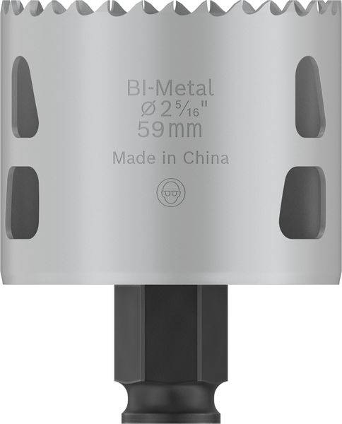 Metalen gatenzaag met 'BI-Metaal', diameter 59 mm. Product uit China, zilver design, getande snijrand.