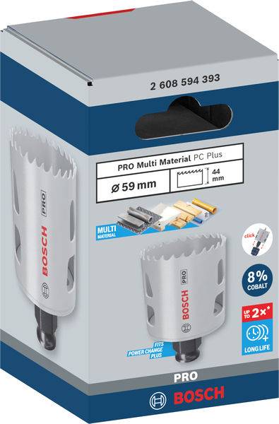 Verpakking van een Bosch Pro gatenzaag, Ø 59 mm, geschikt voor meerdere materialen, 44 mm zaagdiepte, 8% kobaltaandeel.
