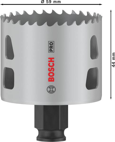 Metalen gatenzaag van Bosch Pro, diameter 59 mm, hoogte 44 mm, zilver met gezaagde snijdende tanden en zijdelingse ventilatieopeningen.