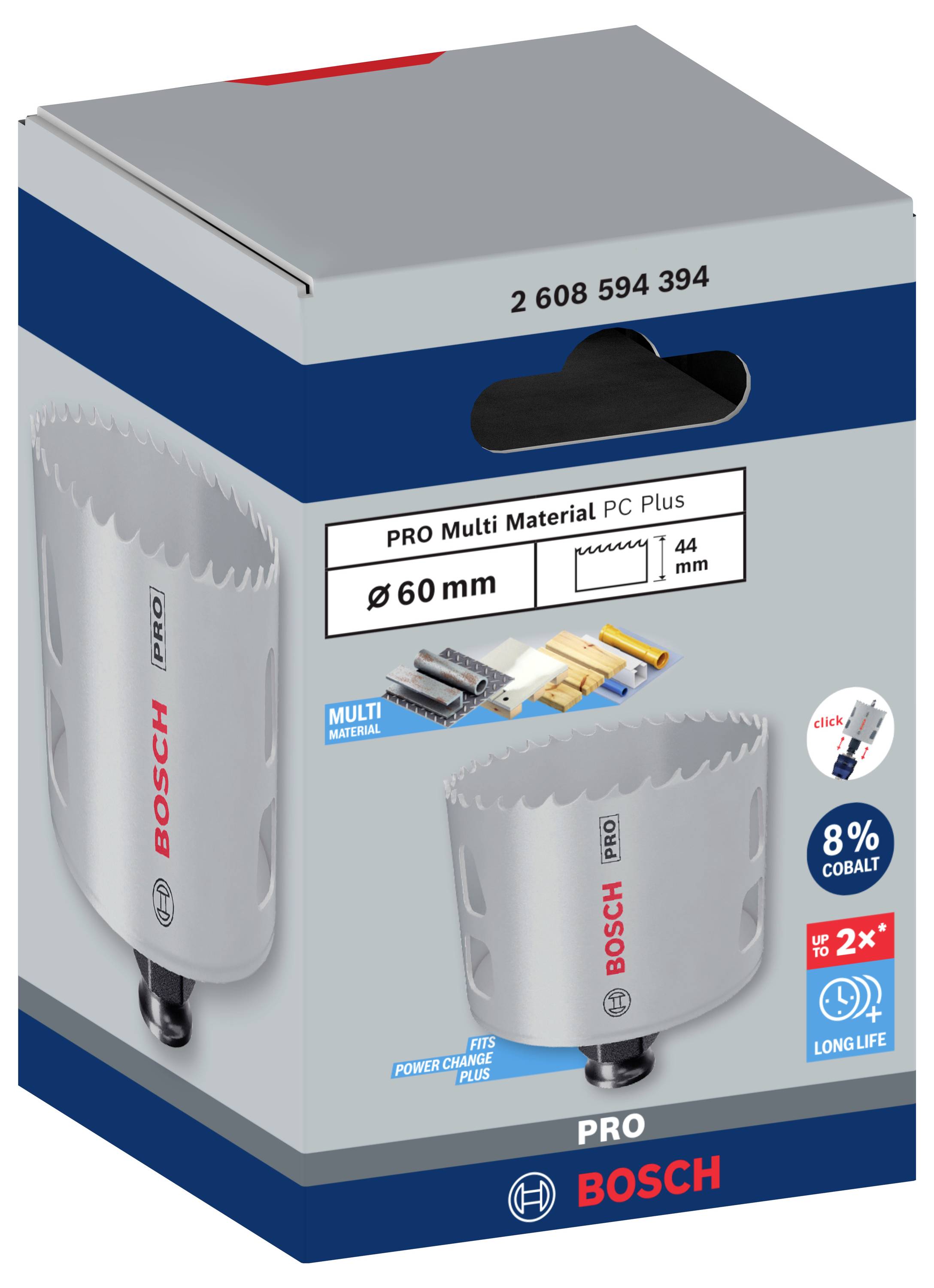 Een grijze Bosch gatenzaagopzetstuk 'PRO Multi Material PC Plus', diameter 60 mm, geschikt voor diverse materialen.