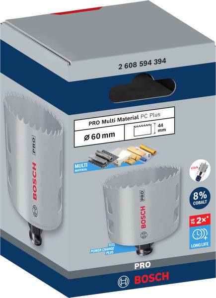 'Bosch PRO Multi Materiaal PC Plus' gatenzaag-verpakking, diameter 60 mm, met afbeelding van materialen. Bevat 8% kobalt voor langere duurzaamheid.