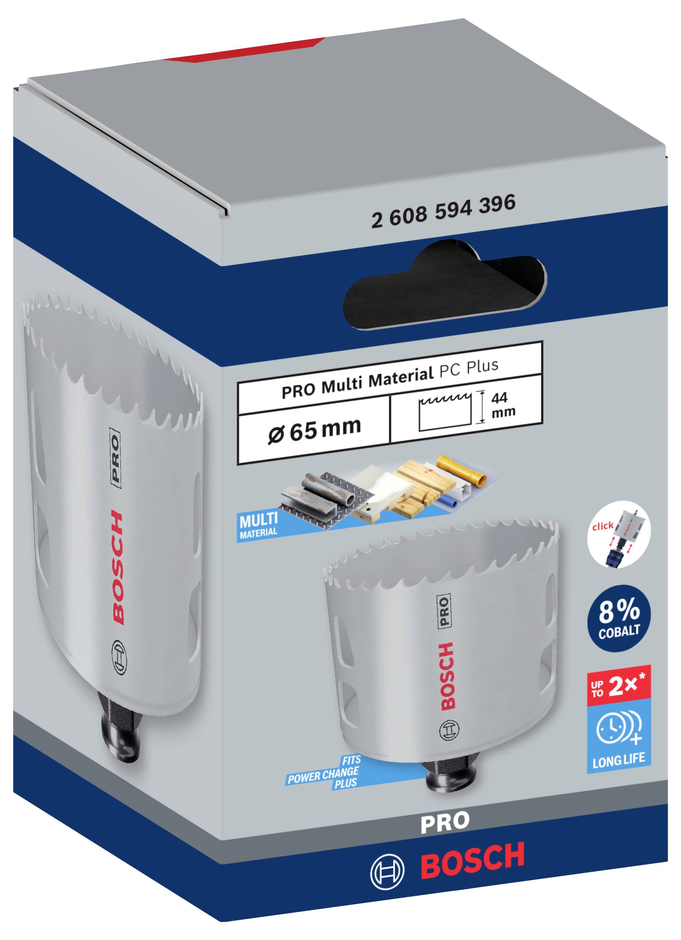 'Bosch PRO Multi Material' gatzaag, diameter 65 mm, voor verschillende materialen. Verpakking toont zaagkop met opschrift.