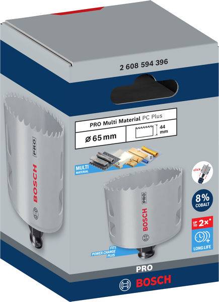 Verpakking van een Bosch gatenzaag. Tekst: 'Pro Multi Materiaal PC Plus', diameter 'Ø 65 mm', voor verschillende materialen.