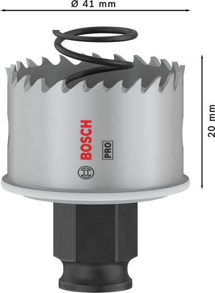 Een Bosch gatenzaag met een diameter van 41 mm en een hoogte van 20 mm, met veerspiraal bovenaan bevestigd.