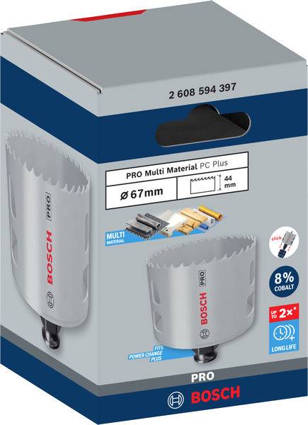 Verpakking van een Bosch gatzaag 'PRO Multi Material' met 67 mm diameter, geschikt voor verschillende materialen, met 8% kobaltgehalte.