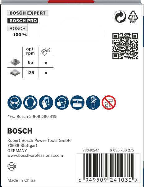 Achterkant van verpakking Bosch-gereedschap met artikelnummer, QR-code, technische specificaties en fabrikantgegevens.
