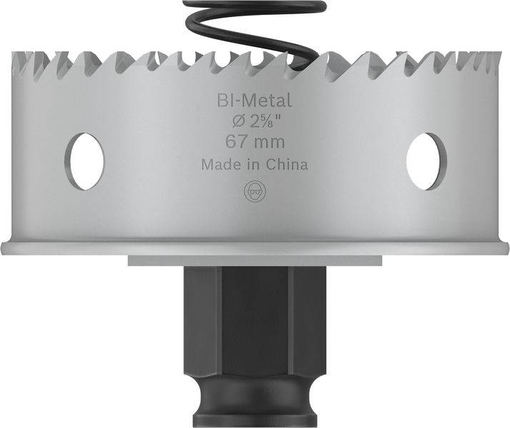 Metalen zaagaanzet met tanden, diameter 67 mm, opschrift 'BI-Metal', 'Made in China', geschikt voor het boren van grote gaten.