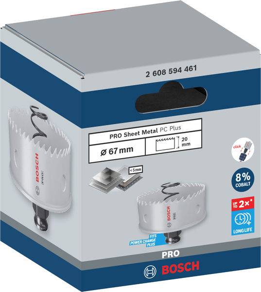 Een verpakking voor een Bosch Pro-zaagblad 'PRO Sheet Metal PC Plus', Ø 67 mm, geschikt voor plaatbewerking met 8% kobalt.