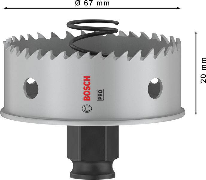 Gatenzaag met 67 mm diameter en 20 mm diepte, merkenlogo 'BOSCH PRO', grijze kleur, getande rand en spil in het midden.
