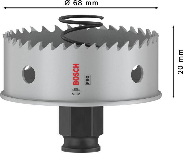Boorkroon van Bosch, Ø 68 mm, hoogte 20 mm, met scherpe tanden en bevestigingsmechanisme onderaan, voor nauwkeurig boren in materialen.