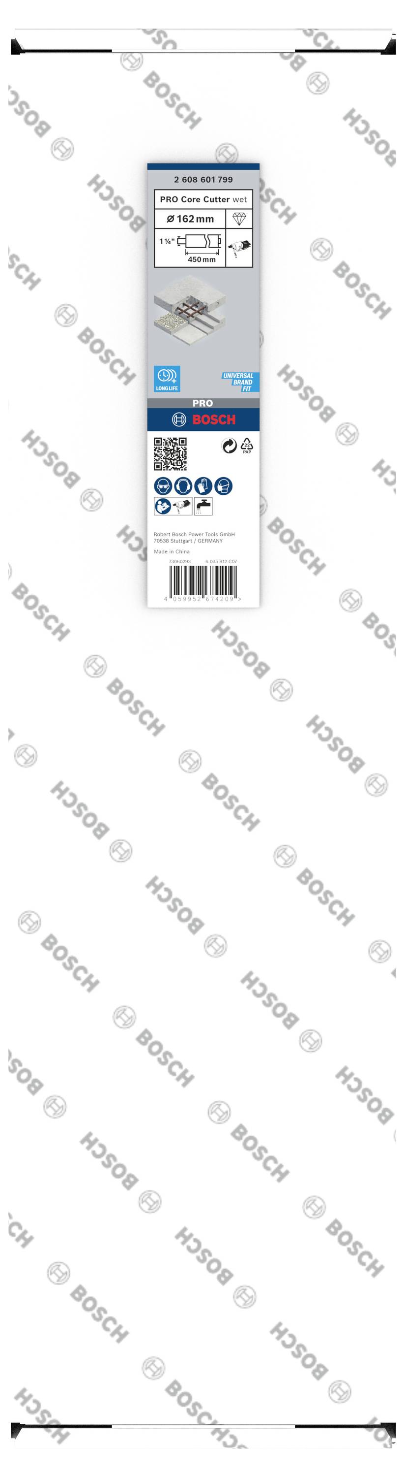 'Bosch' boorgereedschapsverpakking, toont productinformatie zoals afmeting en type. Bevat tekst, symbolen en een diagram over boortype en -toepassing.