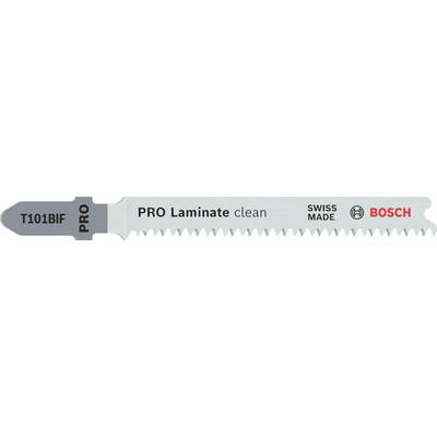 Metalen zaagblad met opdruk 'PRO Laminate clean', 'SWISS MADE' en 'BOSCH' in het rood. Ontwerp heeft fijne tanden en een grijze kleur.