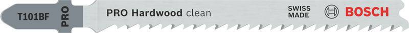 Decoupeerzaagblad met opschrift 'T101BF PRO Hardwood clean', 'SWISS MADE', 'BOSCH'. Geschikt voor nette zaagsnedes in hardhout.