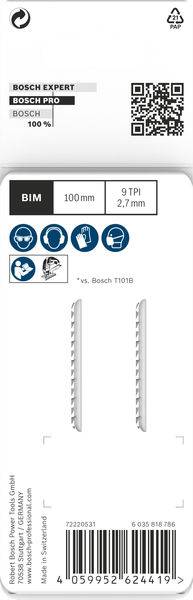 'Bosch Expert' decoupeerzaagbladen-verpakking, 100 mm lengte, 9 TPI, met BIM-materiaal, voor metaalsnedes, QR-code rechtsboven.