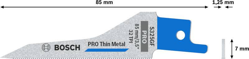 'Zaagblad S 325 GF van Bosch, 85 mm lengte, 1,25 mm breedte, voor Pro Thin Metal, met blauwe houder.'
