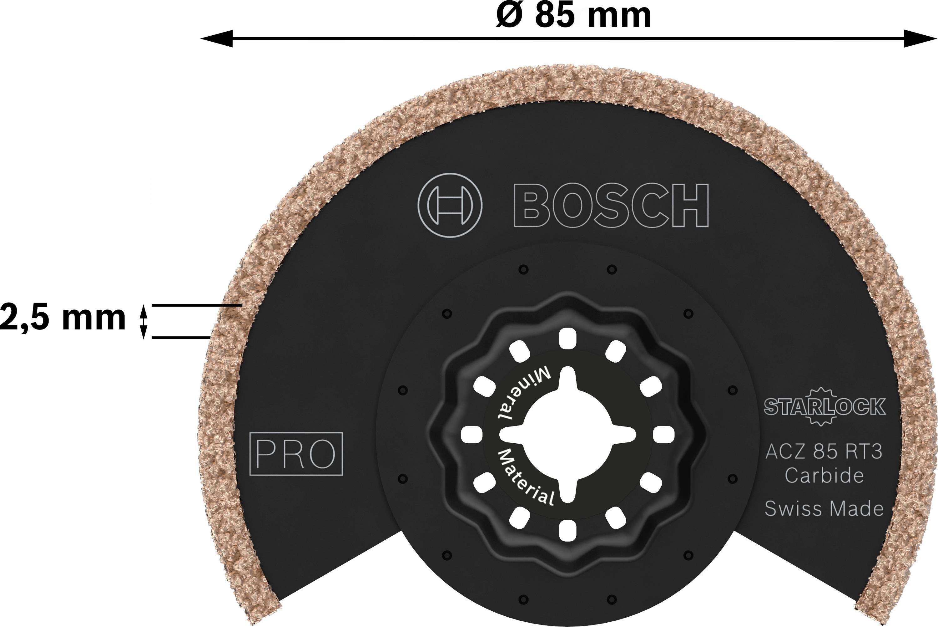 Snijschijf van Bosch met 85 mm diameter en 2,5 mm dikte, geschikt voor materiaalscheiding, met 'Starlock' en 'Pro' markeringen.