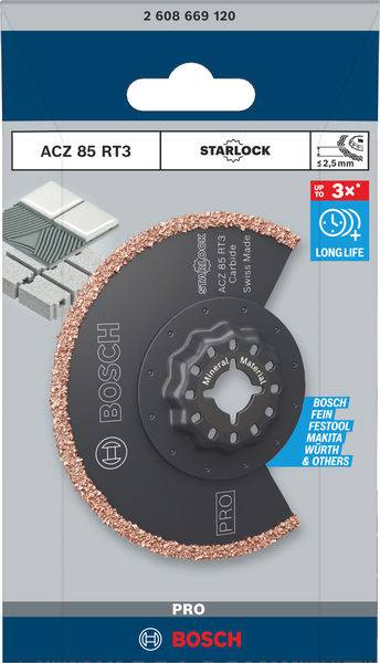 Verpakking van een Bosch zaagblad voor multifunctionele gereedschappen, model ACZ 85 RT3, geschikt voor materialen zoals mortel en tegels.