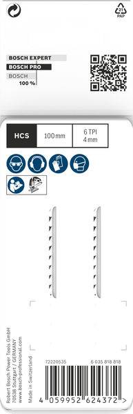 Verpakking voor Bosch Expert decoupeerzaagbladen. Bevat symbolen voor hout, 100 mm lengte, 6 TPI tandverdeling. QR-code bovenaan.