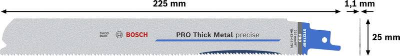 'Zaagblad voor dik metaal, 225 mm lang, 25 mm hoog, met 11 mm vertanding, merk Bosch.'