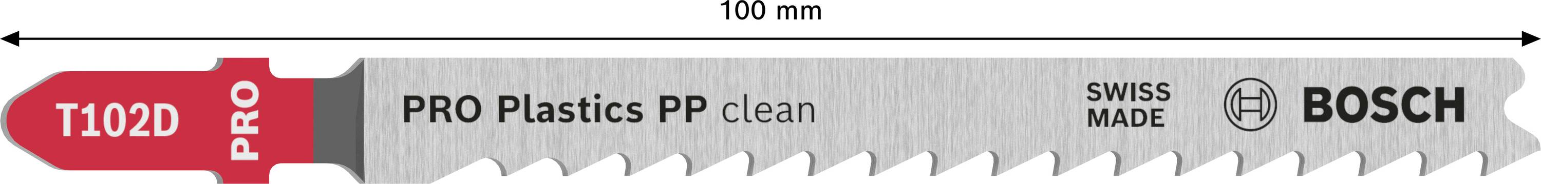 Een zaagblad van Bosch, model T102D, voor kunststof. Gemarkeerd met 'PRO Plastics PP clean', 100 mm lang, vervaardigd in Zwitserland.