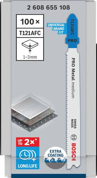 Packaging of a Bosch saw blade with the inscription 'Pro Metal medium' and 'Universal Brand Fit', suitable for 1-3 mm metal.