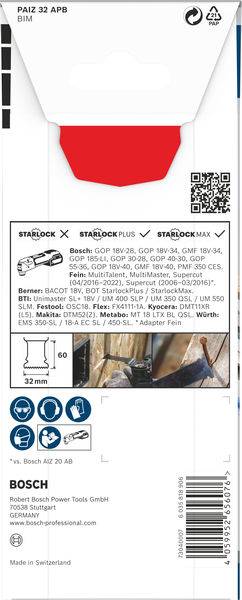 'Bosch Starlock Plus zaagblad PAIZ 32 APB stamhout.' Afmetingen: Lengte 60 mm, breedte 32 mm. Toepassing: Metaal en hout.