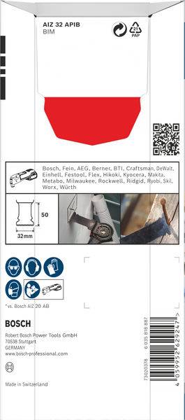 'Verpakking van een Bosch zaagbladblad: AIZ 32 APIB BIM. Toont merkcompatibiliteit, streepjescode en Made in Switzerland-aanduiding.'