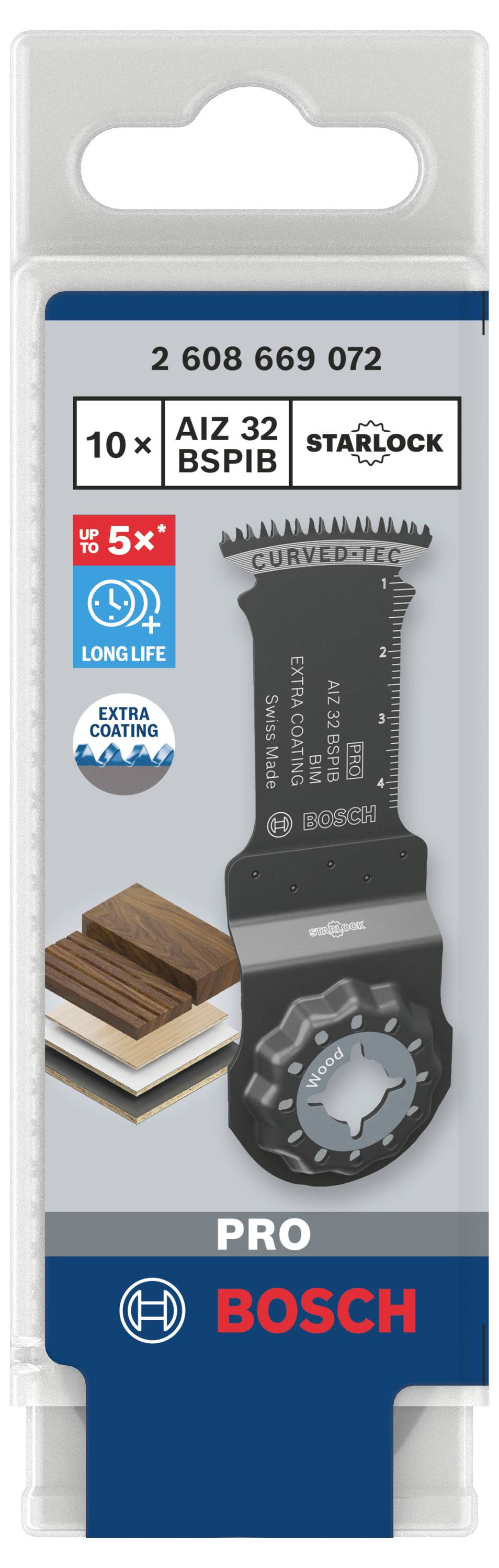 Verpakking van een Bosch Starlock zaagblad, type AIZ 32 BSPB, geschikt voor hout en metaal, met 'Long Life' en 'Cut Extra Clean' symbolen.