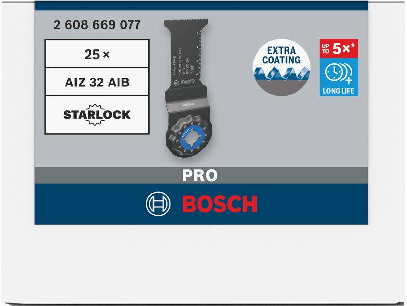 'Bosch Pro Starlock zaagblad' met '25×, AIZ 32 AIB' op de verpakking. 'Extra coating' en 'tot wel 5× langere levensduur' gemarkeerd.