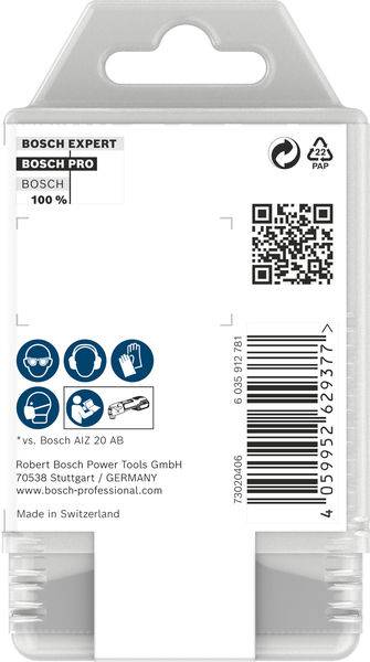 Verpakking van een Bosch Pro gereedschap. Bevat symbolen ter illustratie van de toepassingsmogelijkheden. QR-code en recyclingssymbool bovenaan.