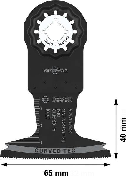Zaagblad van Bosch, geschikt voor verschillende materialen, met de afmetingen 40 mm x 65 mm.