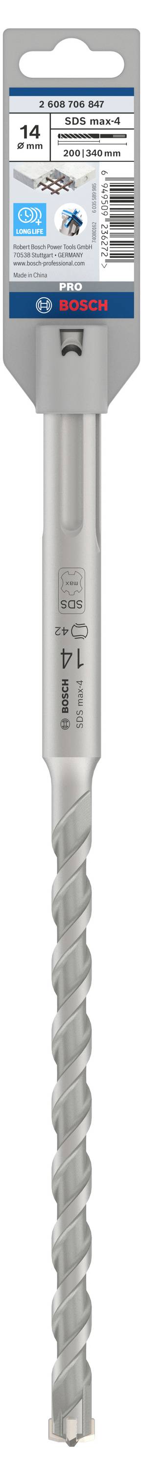 Een zilveren boor met een spiraalvormig ontwerp, geschikt voor betonboringen, met een blauwe verpakking en technische specificaties.