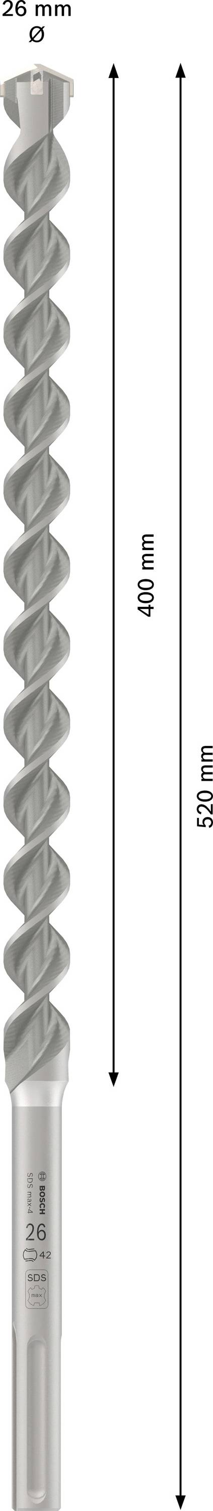 Boor met een diameter van 28 mm en een totale lengte van 600 mm, nuttige lengte van 400 mm.