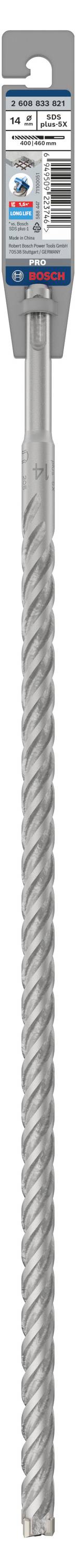 Een boor met een spiraalvormige schacht en een verpakking die specificaties en merkinformatie toont.