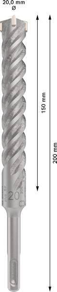 SDS-Plus-boor met 20,0 mm diameter en 200 mm lengte. De effectieve boorlengte bedraagt 150 mm.