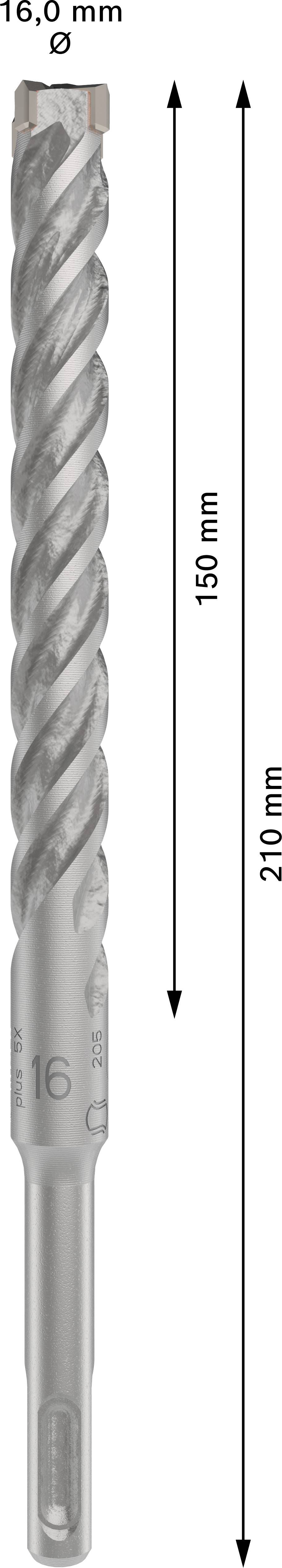 Boor met 16 mm diameter, 165 mm werklengte en 210 mm totale lengte.