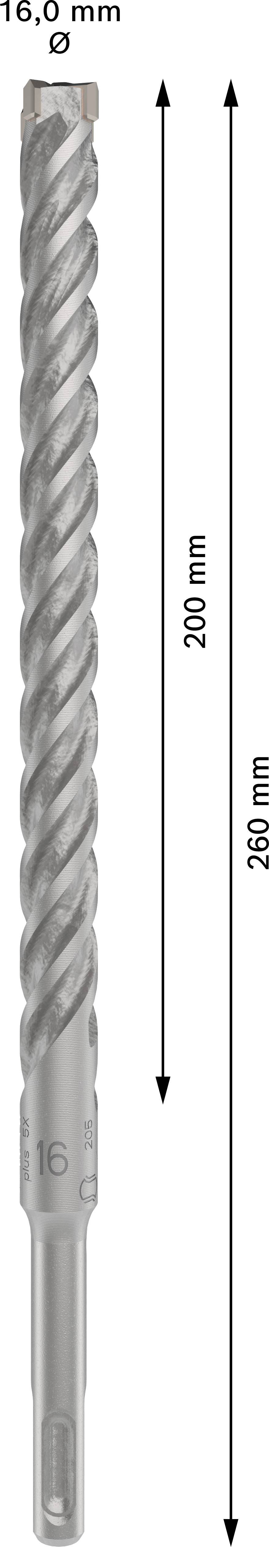 Boor met 16 mm diameter en 280 mm lengte, inclusief 200 mm nuttige lengte, weergegeven met pijlen ter verduidelijking van de afmetingen.