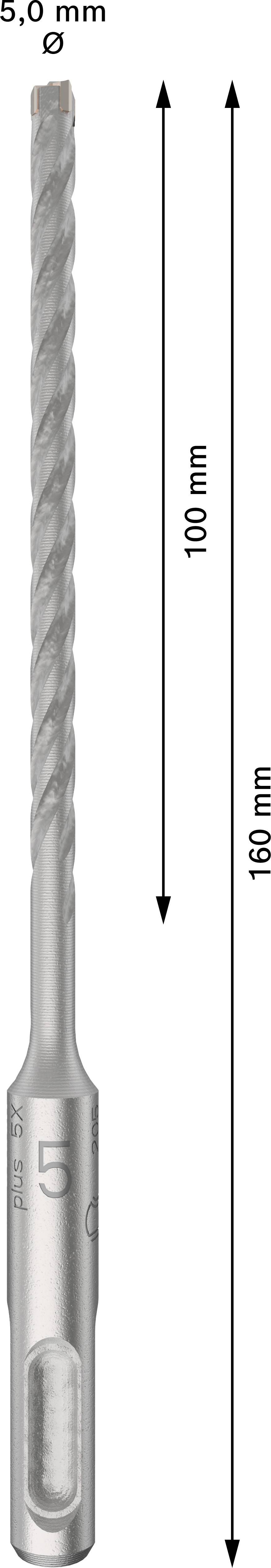 Boor met 5,0 mm diameter en 160 mm lengte, spiraalvormige schacht en SDS-Plus-opname.