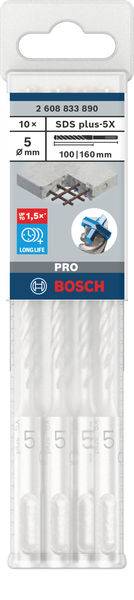 'Bosch Pro SDS plus-5X boor, 5 mm diameter, verpakking met 10 stuks, geschikt voor betonboringen, totale grootte 100x160 mm.'